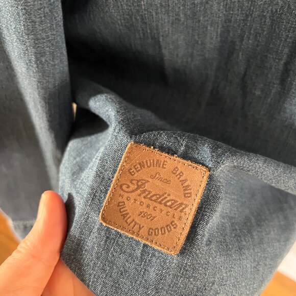 Indian Motorcycles Sz L Chambray denim Logo Printed Button Down Shirt - Picture 8 of 9